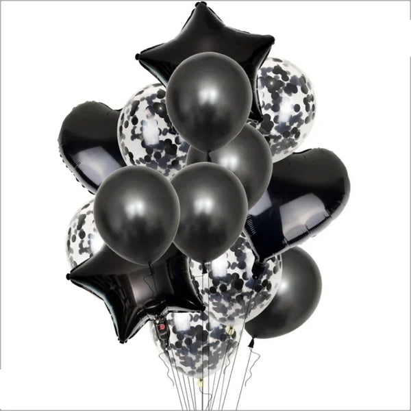 14-Piece Black Confetti Balloon Set | Star, Heart, and Latex Balloons for Party Decor