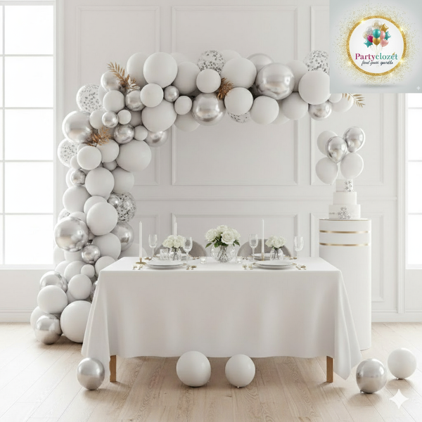 98 pcs White , silver Glitter Confetti Balloons Garland Theme Set For Bow Themed Party Decoration & Celebration