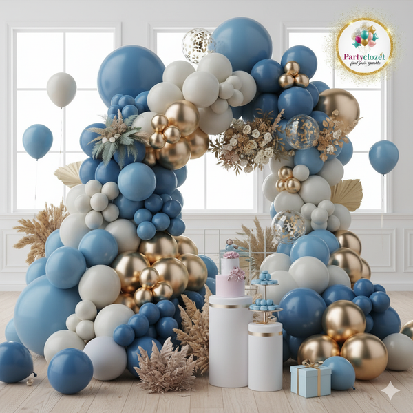 95 pcs ballon Blue, smokywhie, gold latex, light blue Balloons Garland Theme Set For Bow Themed Party Decoration & Celebration