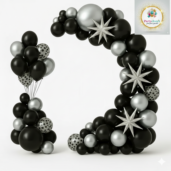 102pcs Silver & Black Balloons Garland Theme Set For Bow Themed Party Decoration & Celebration
