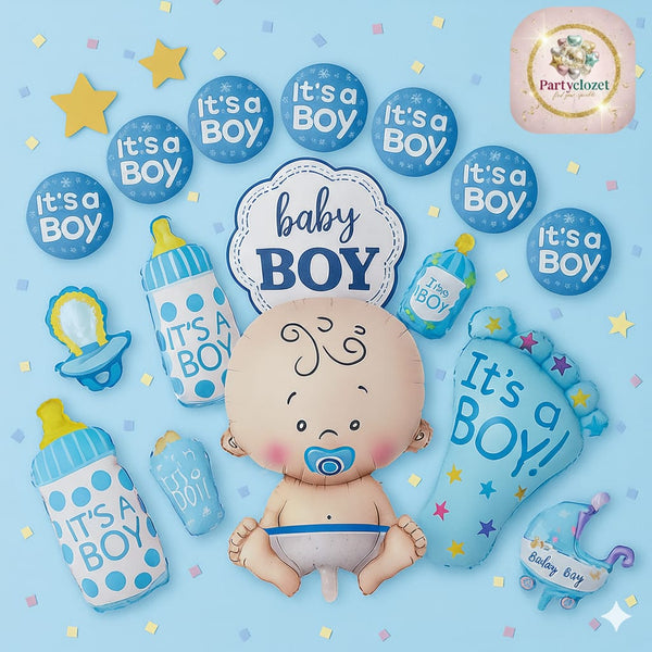 13PCS Premium Baby Shower & Birthday Balloon Decoration Set – Its A Boy Foil & Latex Balloons Combo
